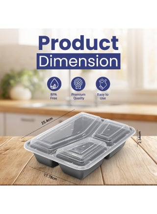 [Pack of 24] Disposable 3 Compartment Black Base Meal Prep Containers with Lids - Microwave, Freezer & Dishwasher Safe, Leak-Proof Food Storage Boxes - view 2